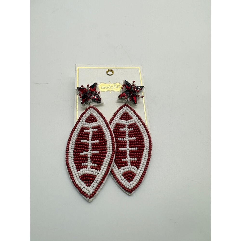 Mud Pie Red White Beaded Football Earrings Rhinestone Star Game Day Dangle